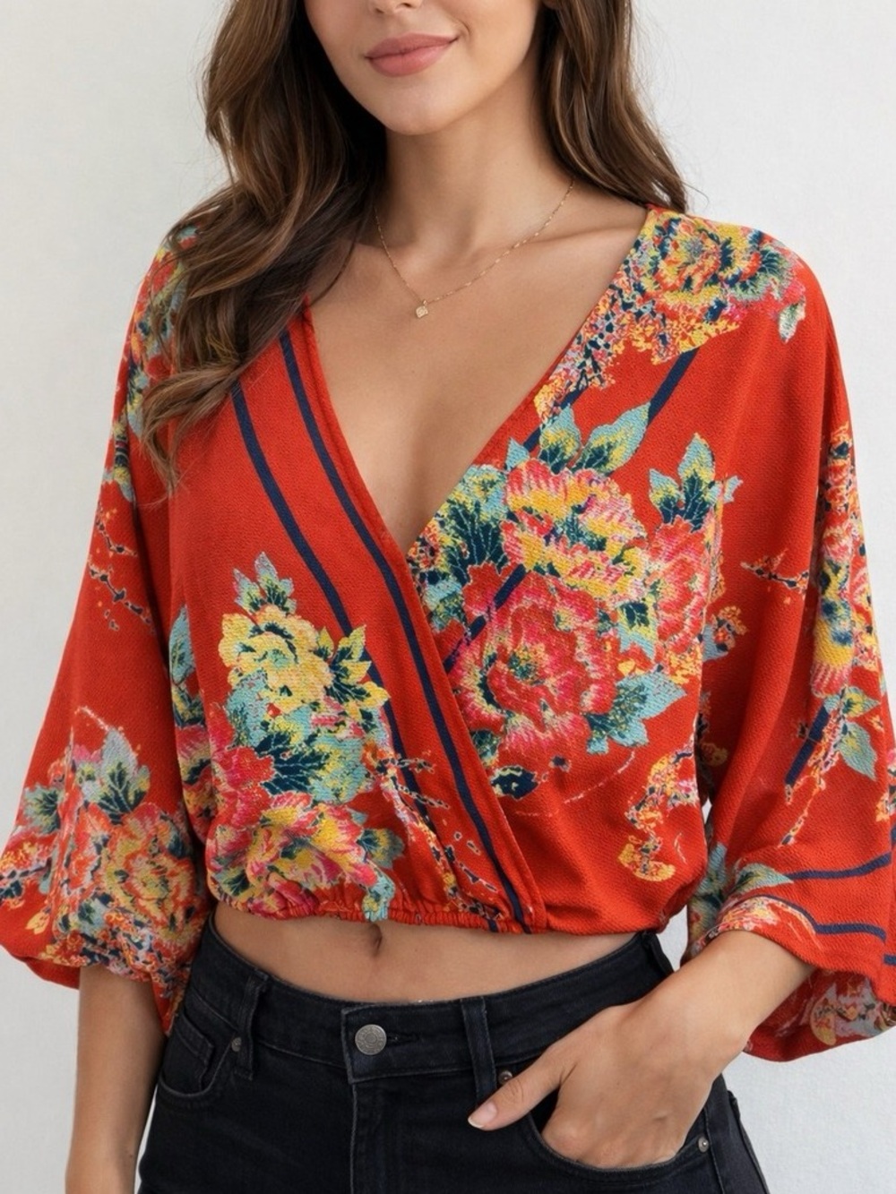 Anthropologie Flying Tomato - Boho Rust Floral Faux Wrap V-Neck Blouse - Size S